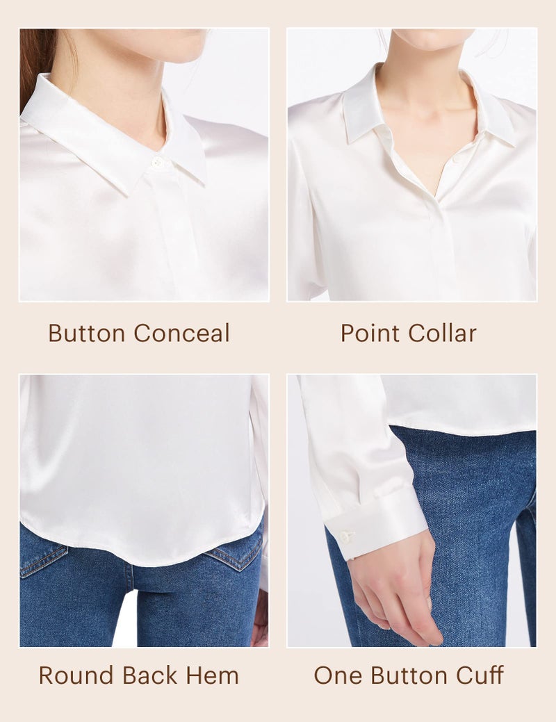 LilySilk بلوزة حرير نسائية من ليلي سيلك 100% حرير 22MM قميص بأزرار بأكمام طويلة تصميم كلاسيكي خالد لجميع المواسم للأعمال غير الرسمية، أبيض طبيعي M - Image 2